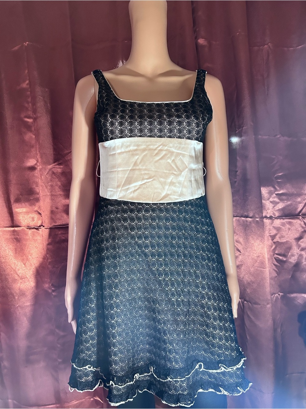 bebe Black Lace Midi Dress with Cream Waist Panel